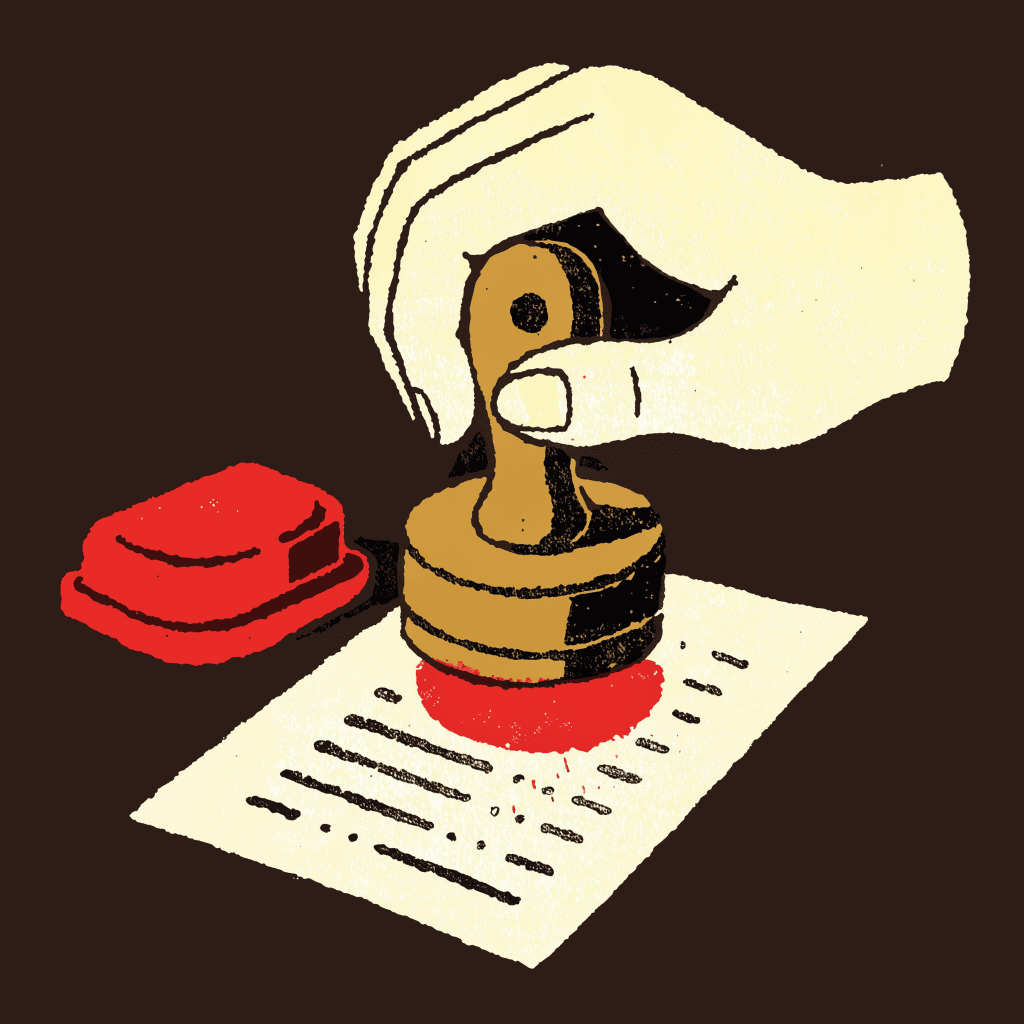 Illustration of a hand stamping a document in red ink