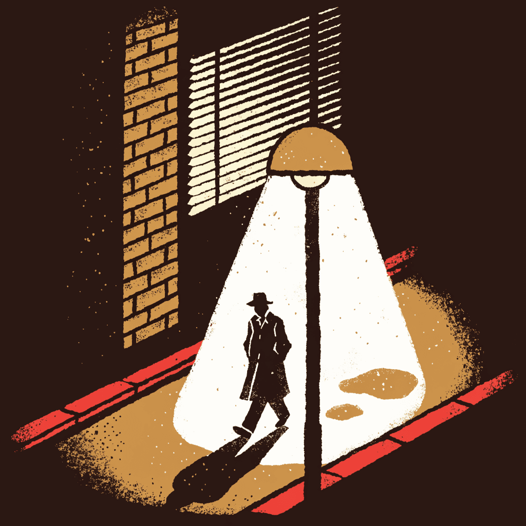 Illustration of a detective walking under a street lamp at night